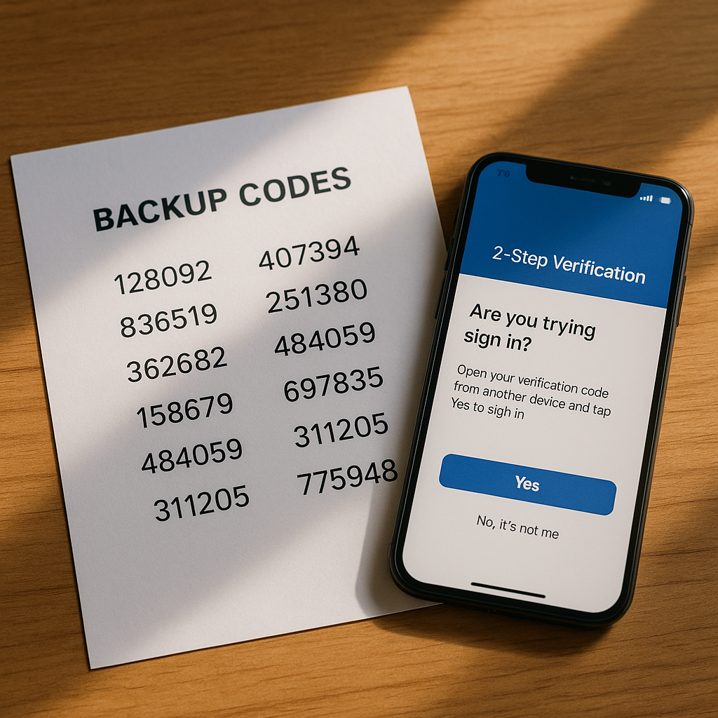 Stack of printed backup codes next to a locked phone and a coffee mug on a desk
