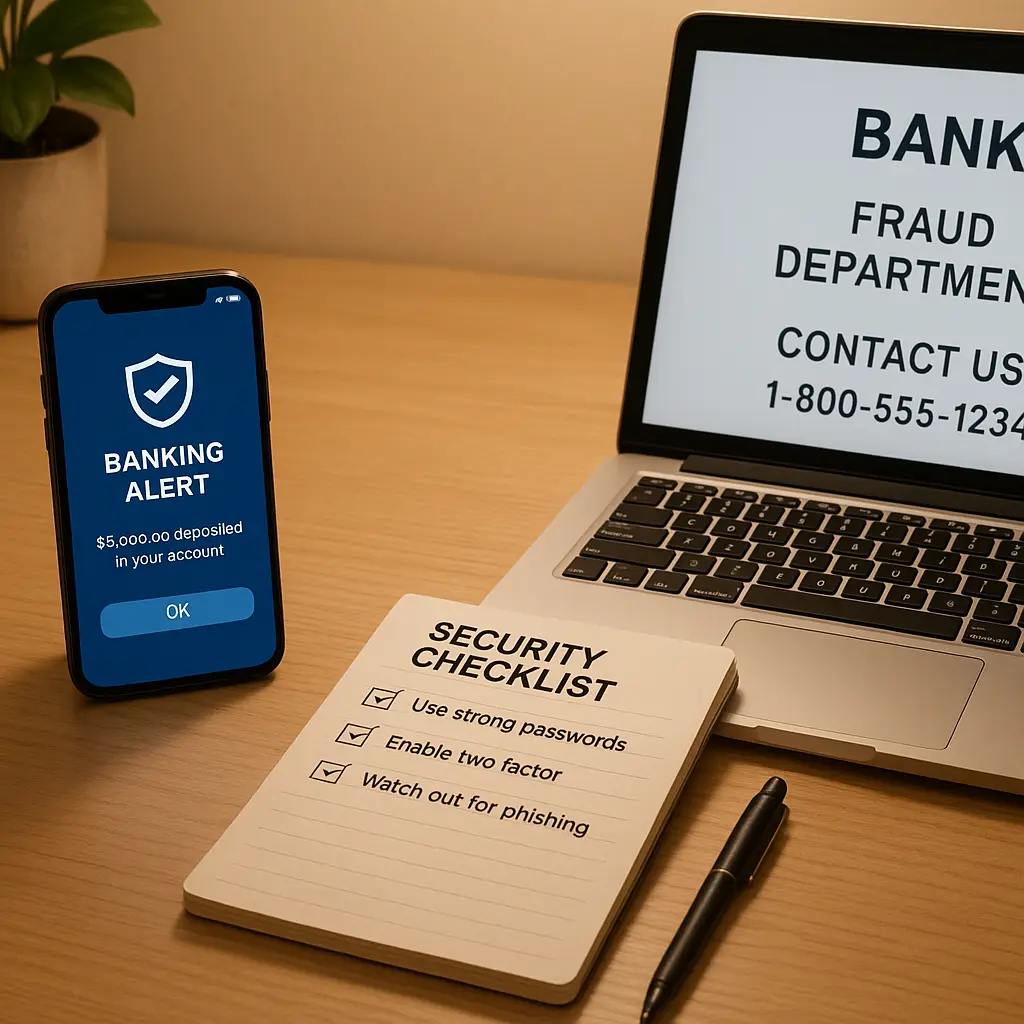 A smartphone displaying a banking app with a red alert notification, alongside a notepad with a handwritten checklist and a pen