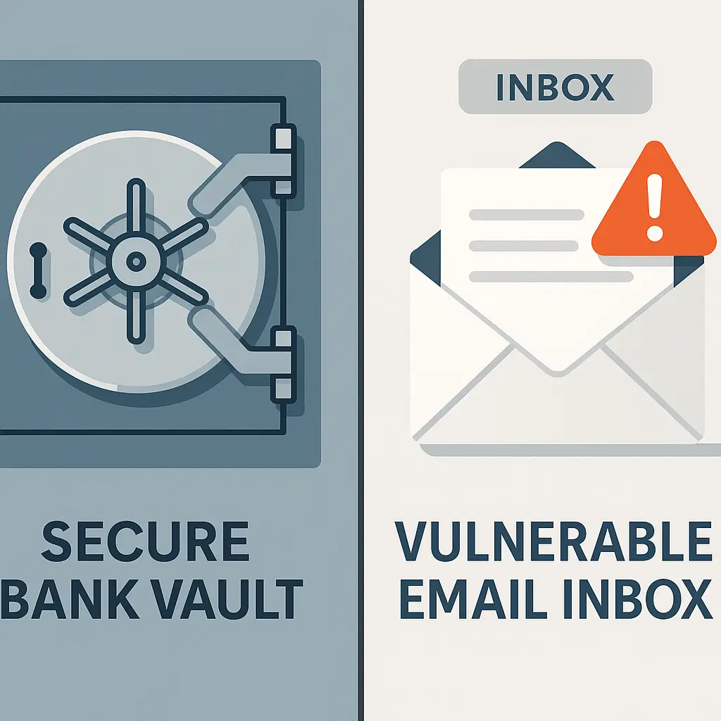 Split-screen illustration showing a bank vault on one side and an open email inbox on the other, representing the security difference between banking and email systems
