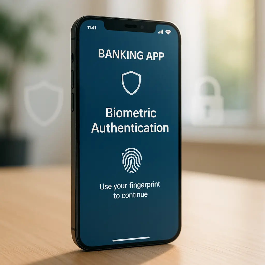 Secure smartphone with banking app icon highlighted, surrounded by protective shield elements and lock symbols