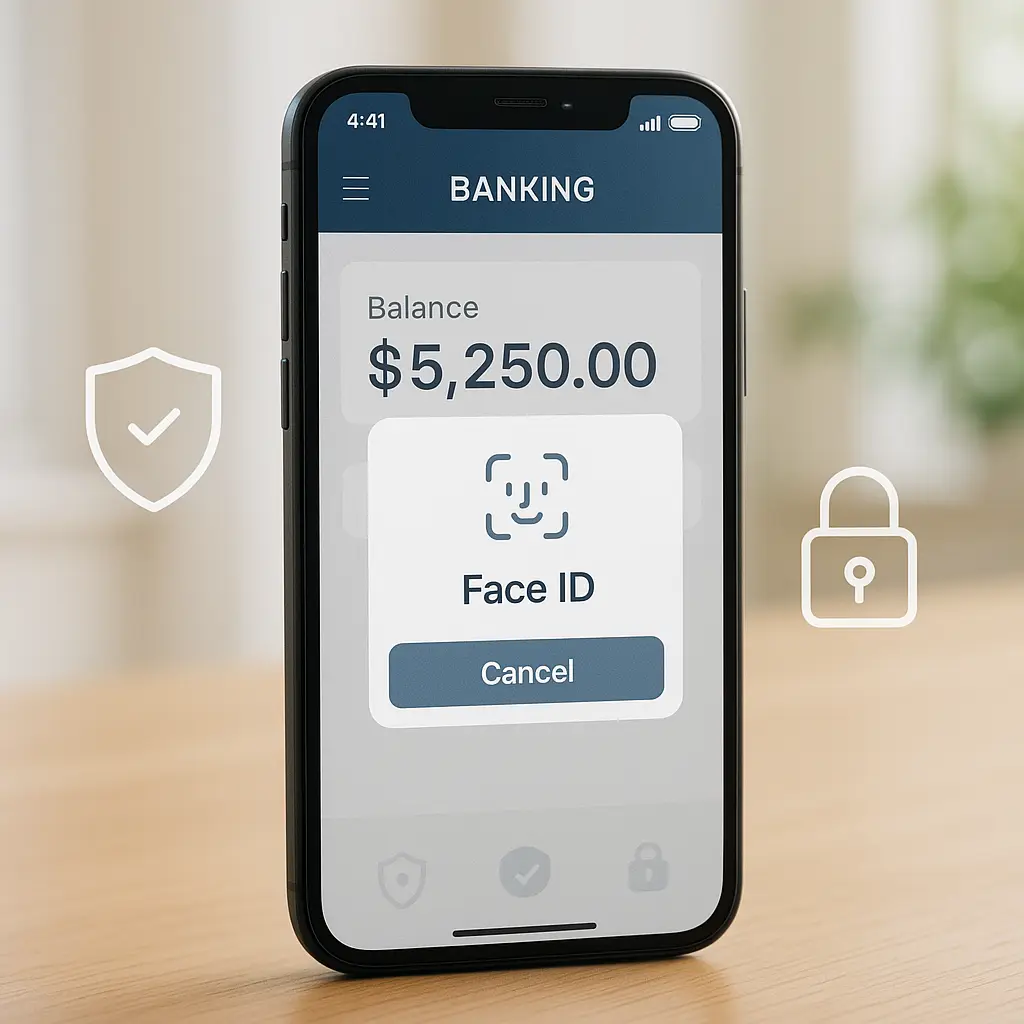 Smartphone displaying a banking app login screen with biometric authentication icon, set against a clean background with subtle security imagery