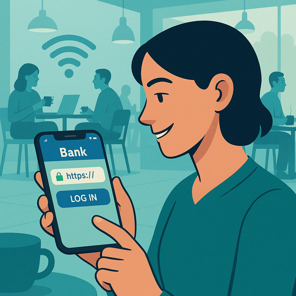 Person using banking app on smartphone in busy coffee shop, with secure connection indicators visible on screen