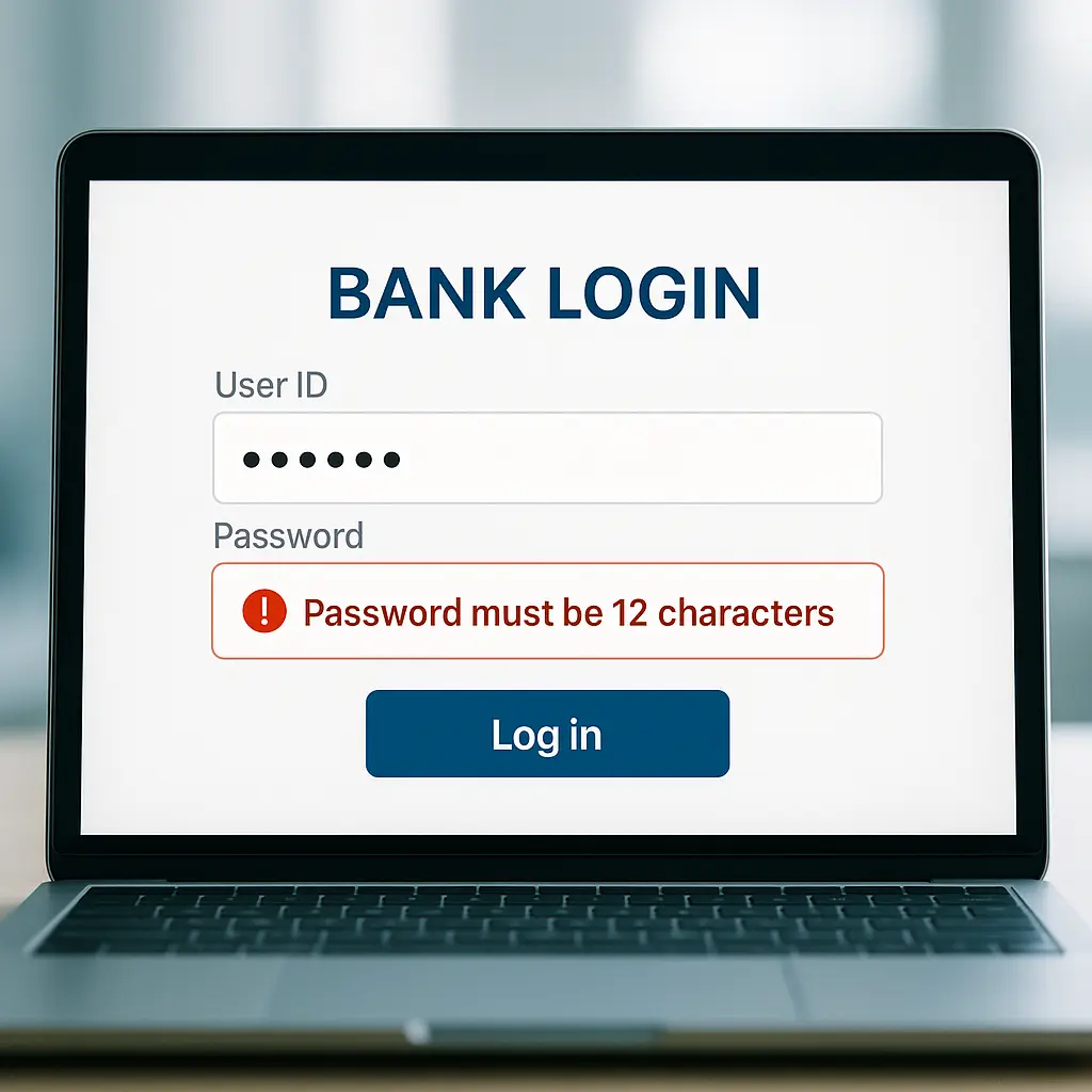 Bank login screen with password field showing maximum character limit warning