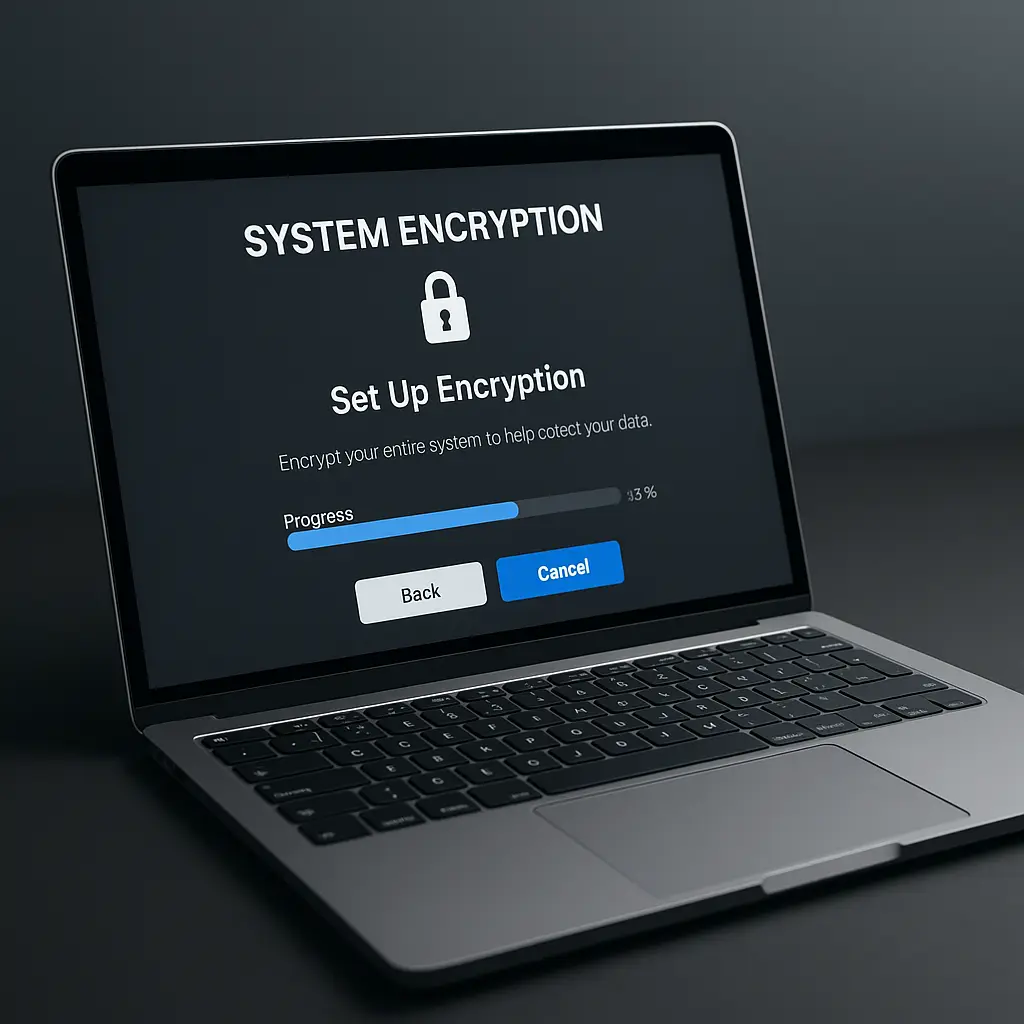 Closed laptop with visual lock overlay indicating full-disk encryption enabled