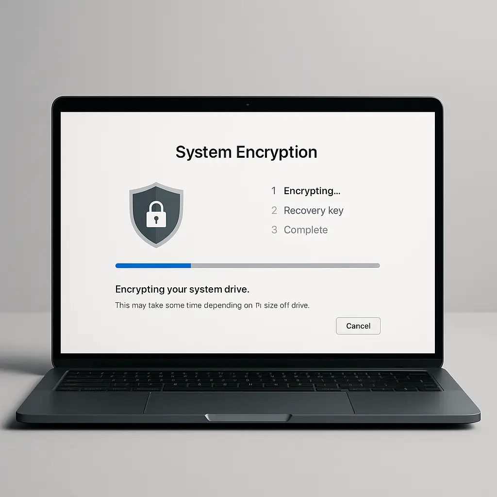 Laptop screen showing encryption setup interface with lock icon and progress bar