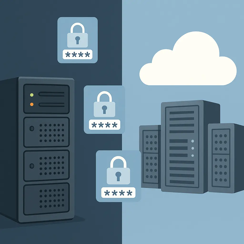 Decision flowchart showing factors for choosing between self-hosted and cloud password management