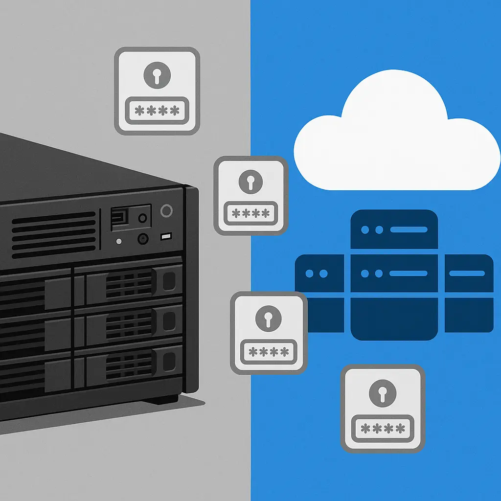 Server rack next to cloud icon, representing the choice between self-hosted and cloud password management