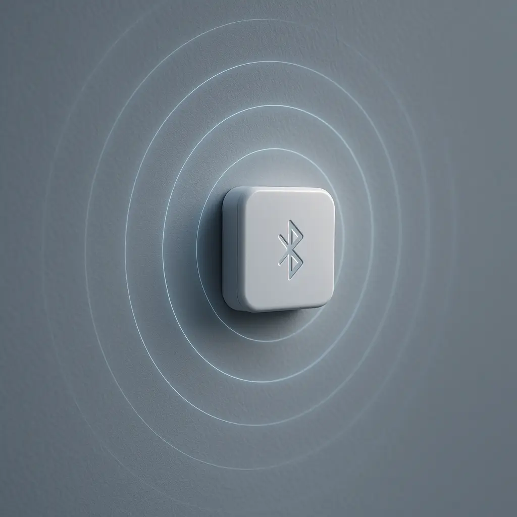 Close-up of a small Bluetooth beacon device mounted discretely on a wall, with faint signal waves extending outward