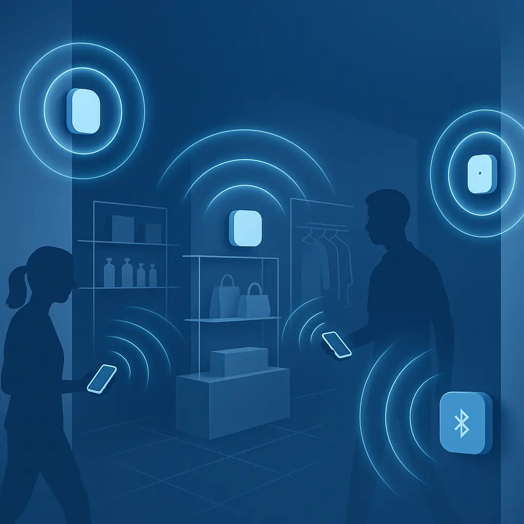 Abstract visualization of Bluetooth beacon signals radiating from small devices in a retail space, with invisible waves connecting to passing smartphones