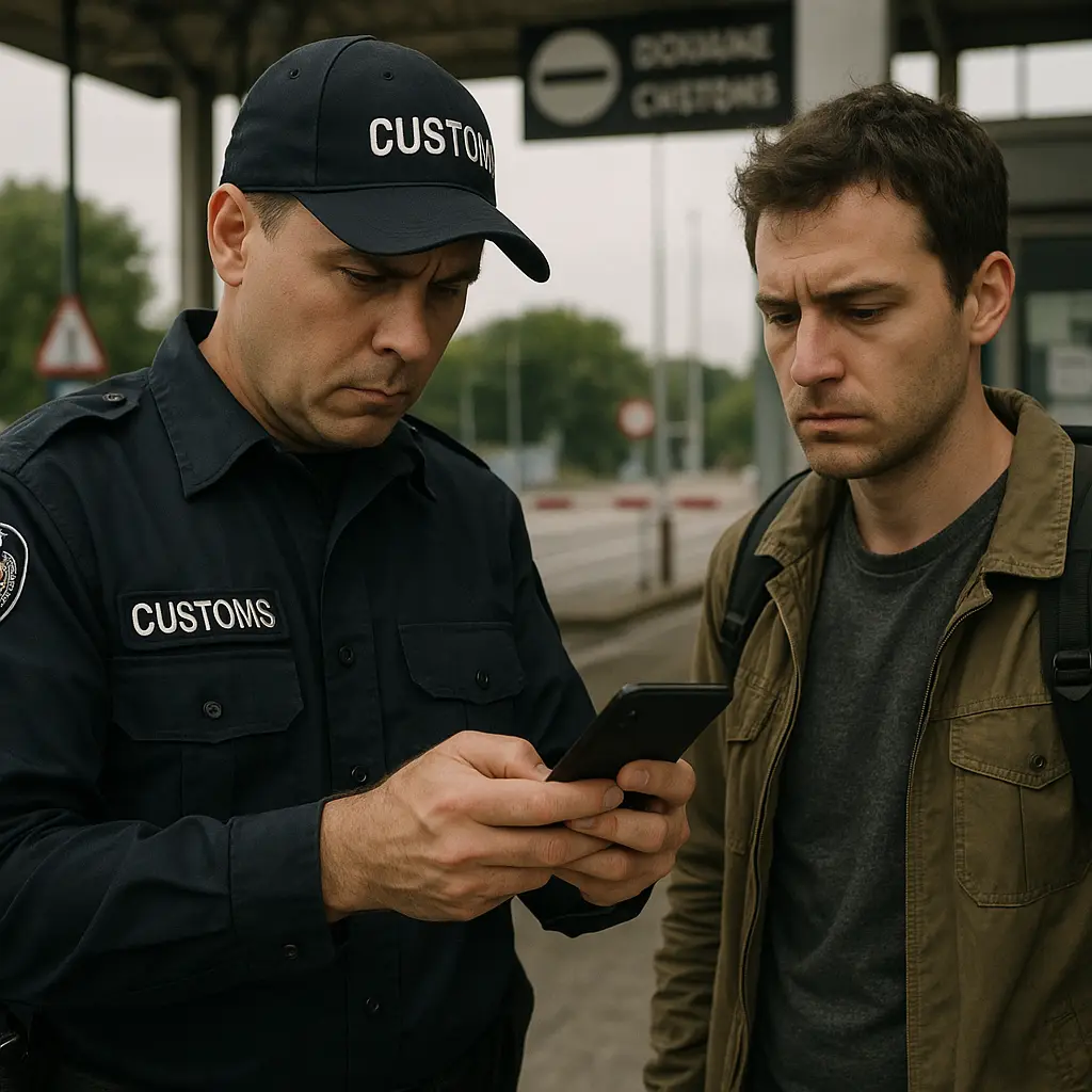 Customs officer examining a traveler's smartphone at an international border checkpoint