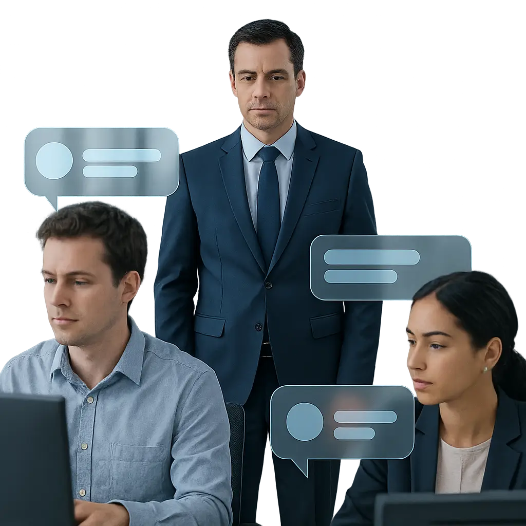 Office workers at computers with transparent chat bubbles floating above their screens, visible to a manager standing behind them