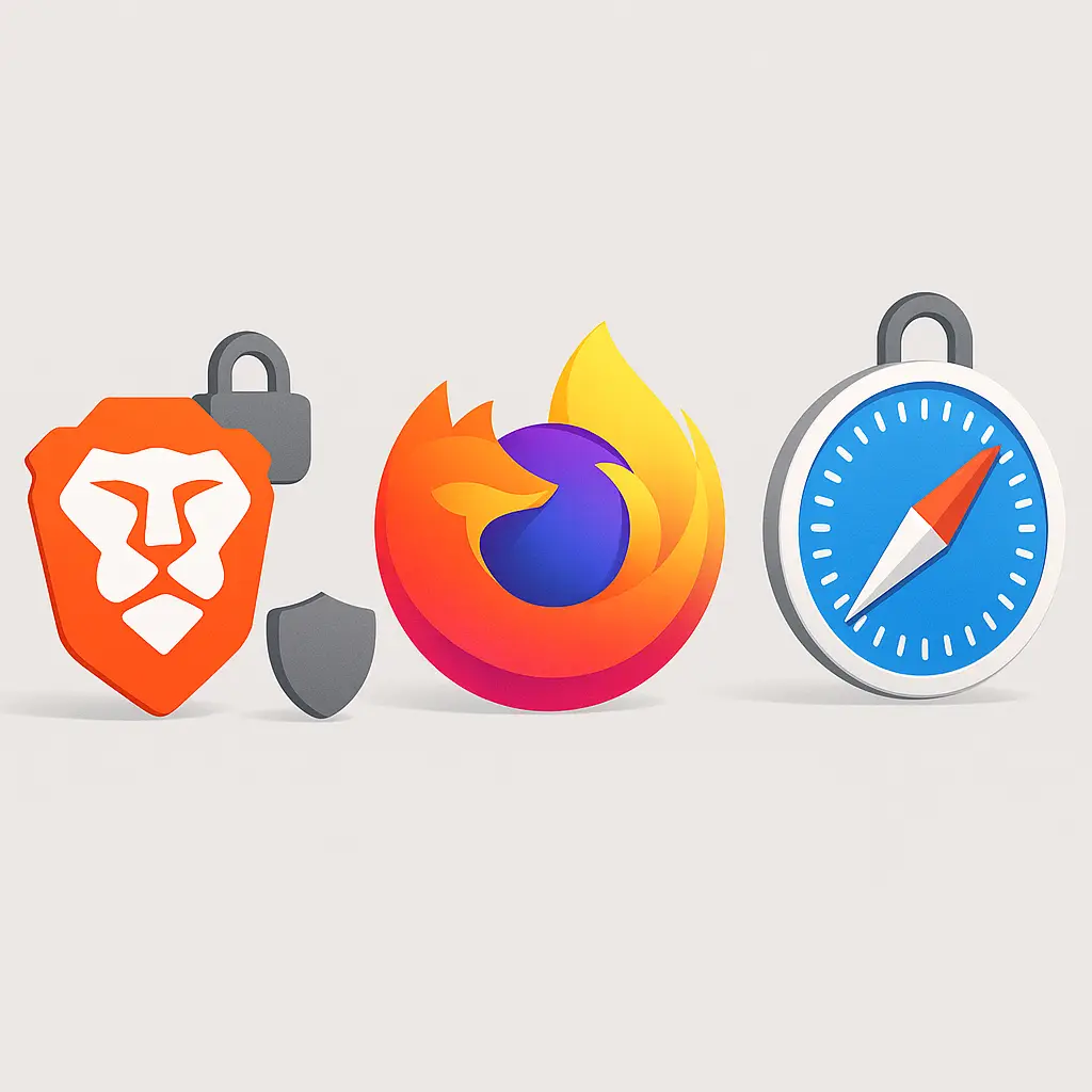 A decision tree diagram showing privacy considerations for choosing between Brave, Firefox, and Safari based on platform, threat model, and control preferences.