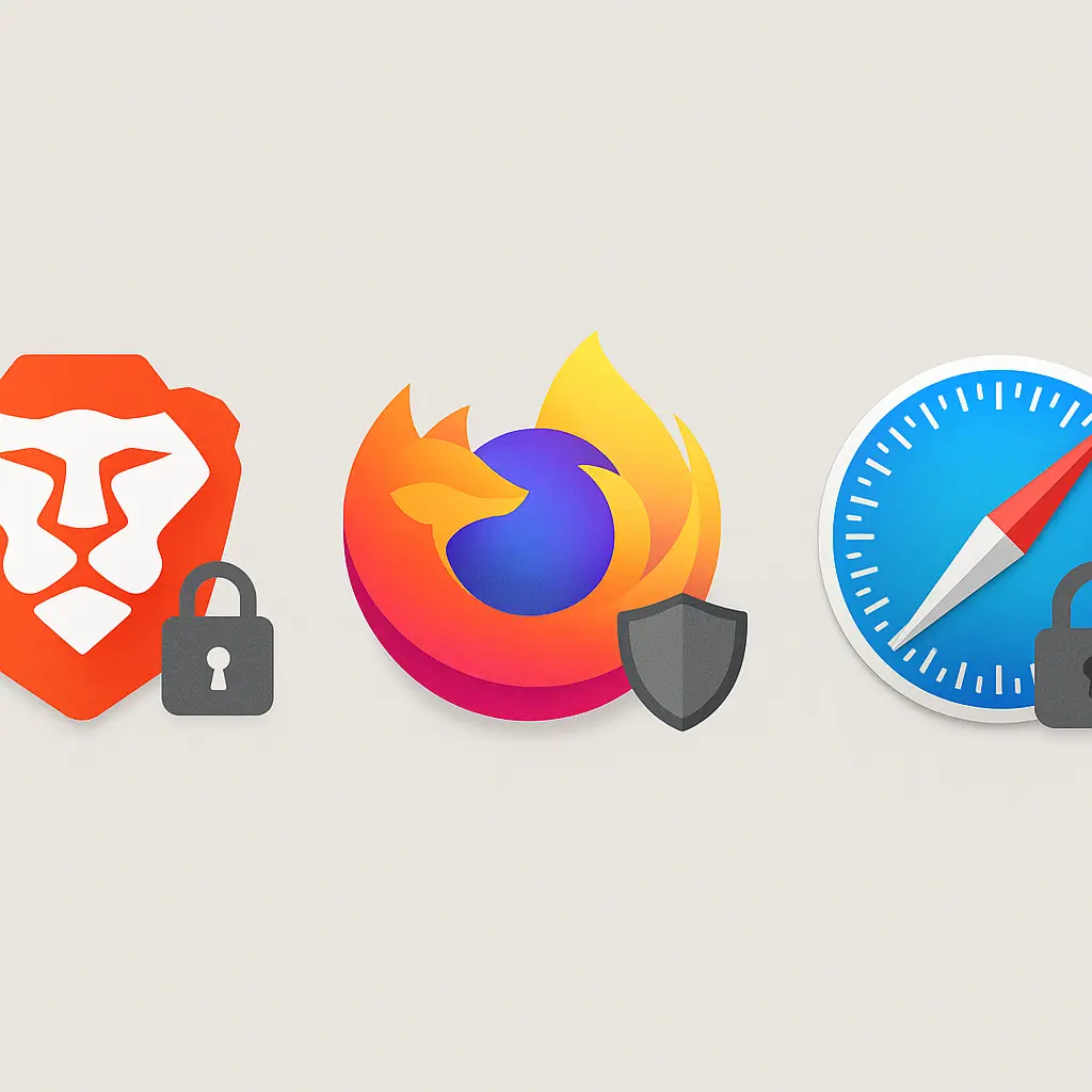 Three browser icons side by side on a neutral background, representing Brave, Firefox, and Safari in a privacy comparison.