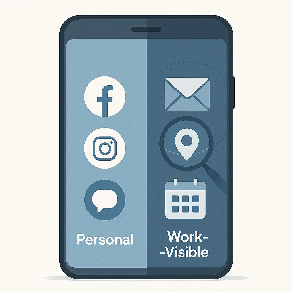 A visual diagram showing the boundary between personal data and work-accessible data on a BYOD phone, with clear zones of visibility