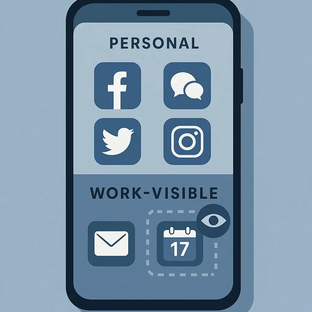 A smartphone displaying both personal and work apps, with a translucent overlay showing which data points are visible to an employer's mobile device management system