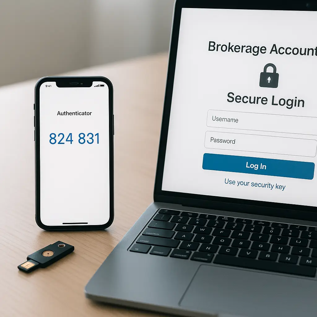 Secure laptop showing brokerage account activity log with recent login locations and device list visible on screen