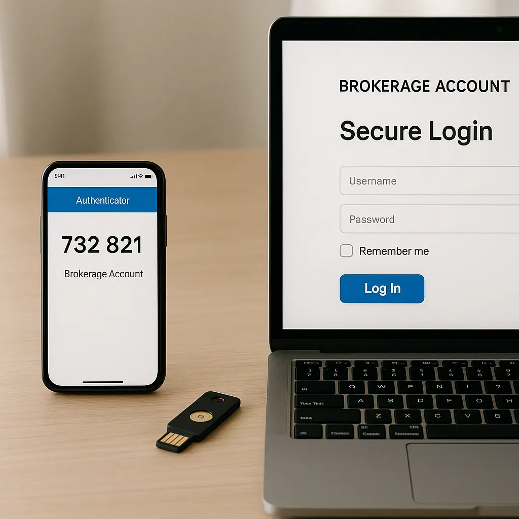 Smartphone displaying a brokerage app login screen with two-factor authentication prompt, positioned next to a hardware security key on a desk