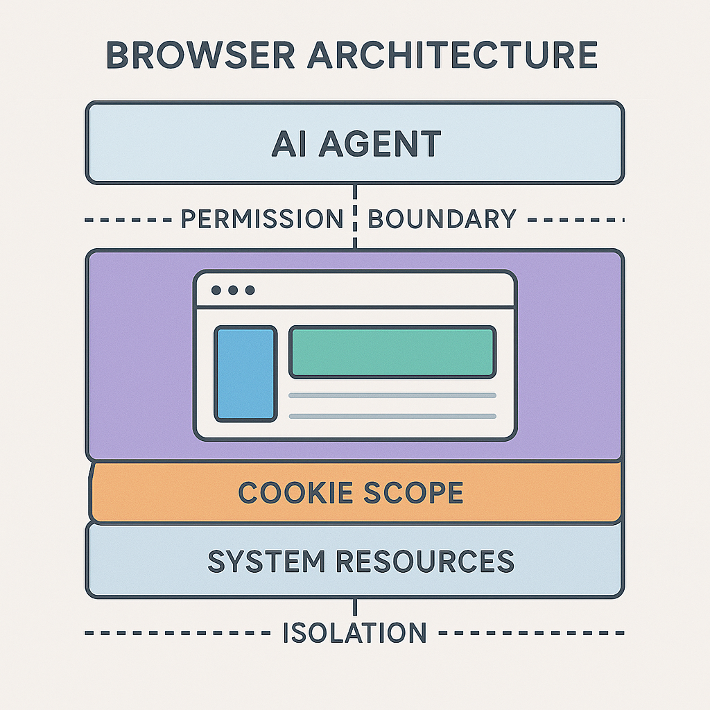 Diagram illustrating the separation between browser data accessible to AI agents versus protected system resources