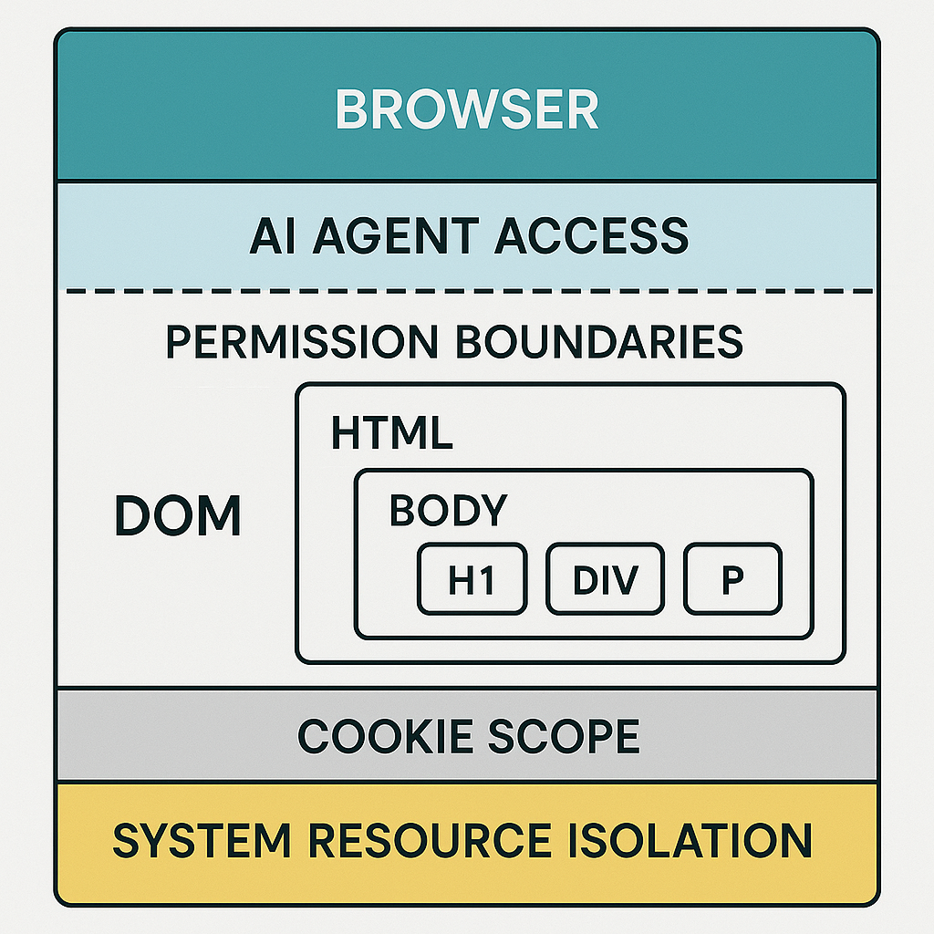 Abstract visualization of browser architecture showing layers of data access with permission boundaries and agent scope