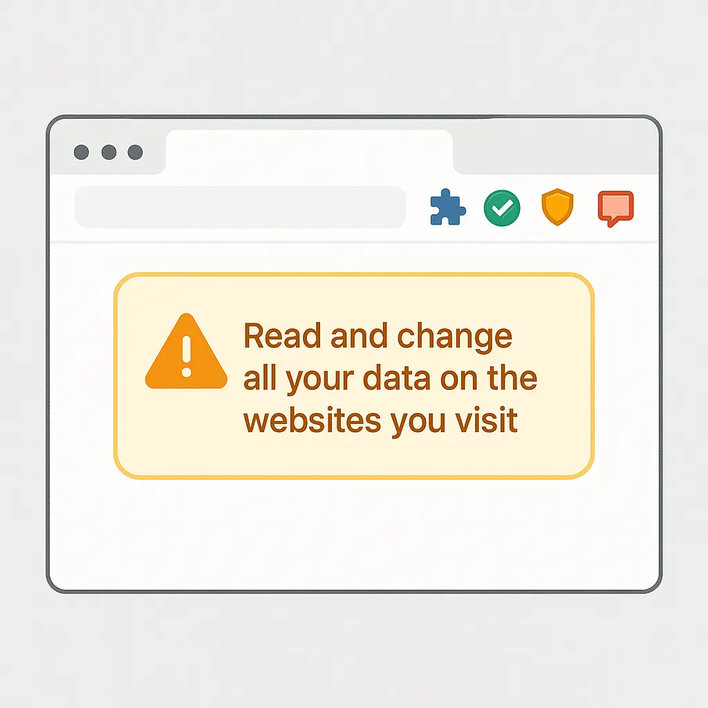 Browser toolbar showing multiple extension icons with permission warning overlay