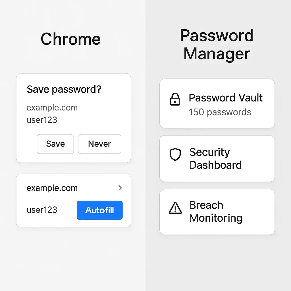 Split screen showing a browser password manager interface on one side and a dedicated password manager app on the other