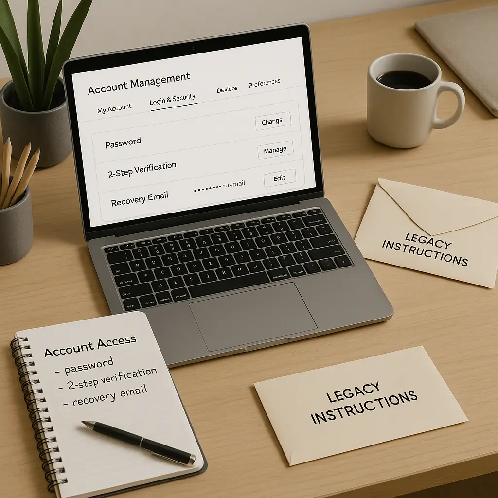 Sealed envelope labeled 'Digital Legacy Plan' next to a laptop showing completed account access instructions
