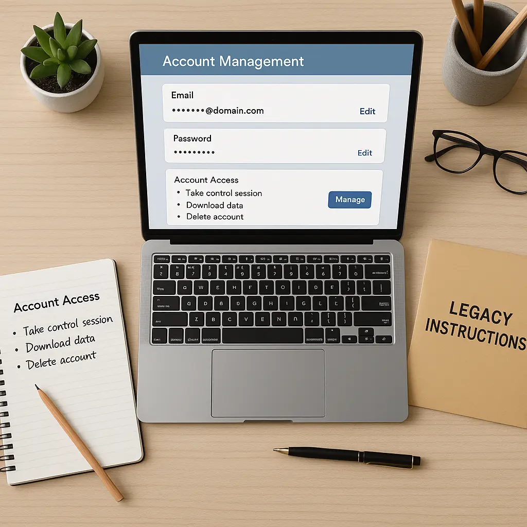Organized digital account list with recovery contacts and access instructions displayed on a laptop screen