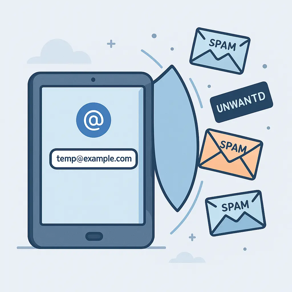 A temporary email address displayed on a phone screen, with spam messages bouncing off an invisible shield