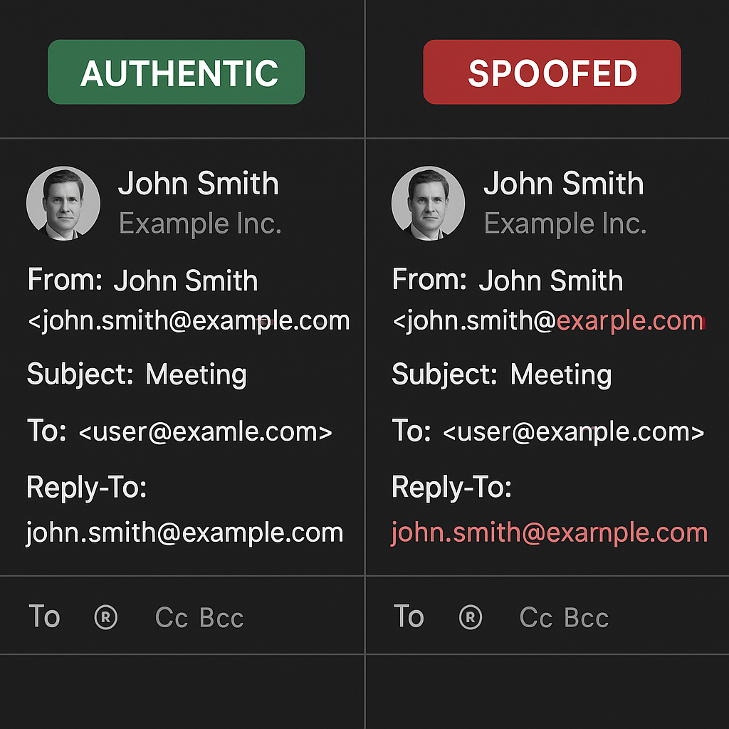 Split screen showing legitimate CEO email header and spoofed version with subtle domain difference