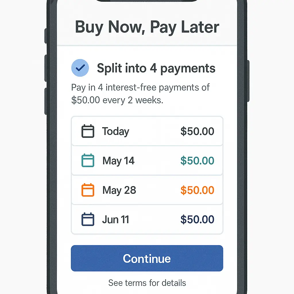 Smartphone screen showing a buy-now-pay-later checkout option with payment schedule and terms displayed