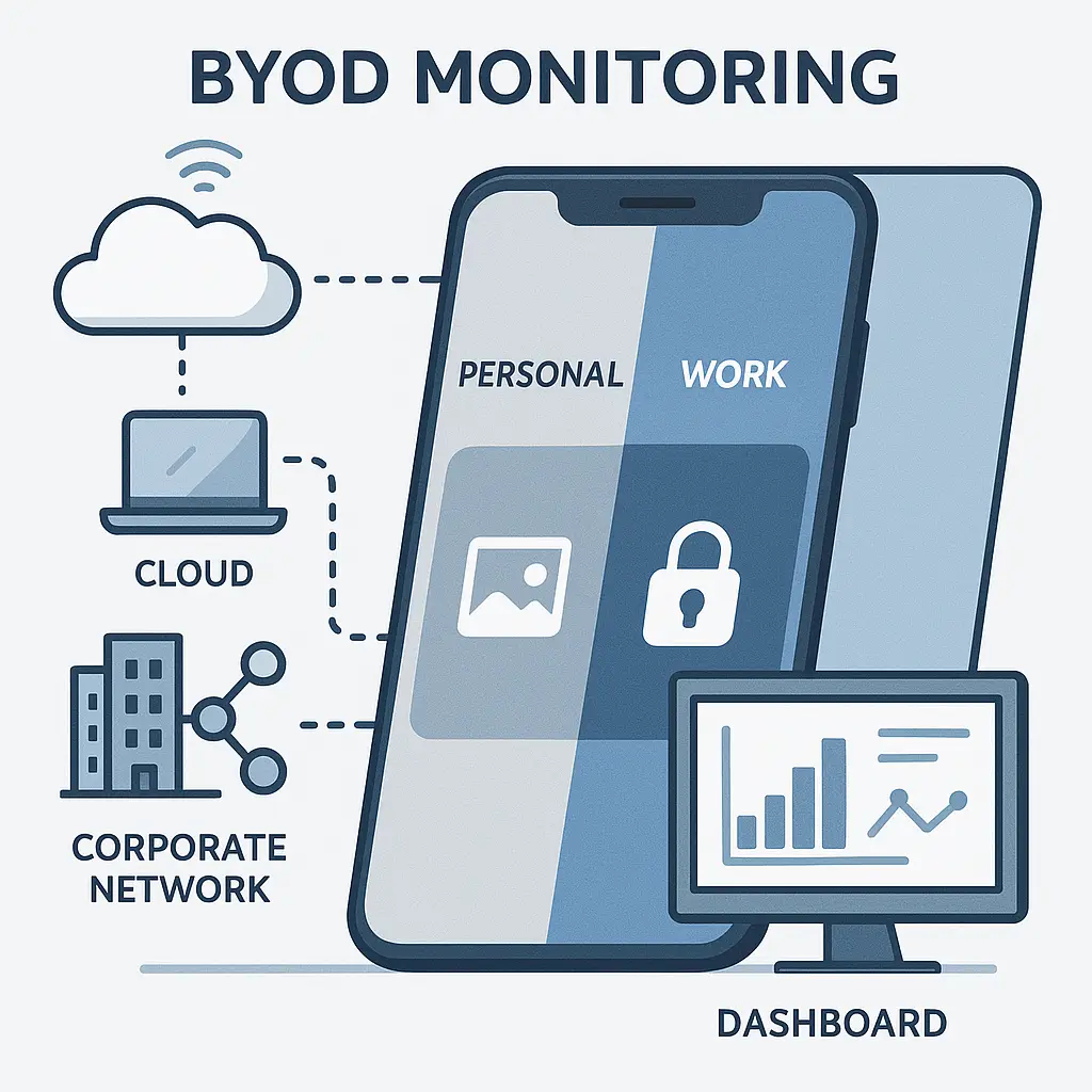 Conceptual diagram showing the boundary between personal and work data on a BYOD phone, with clear separation zones and monitoring indicators
