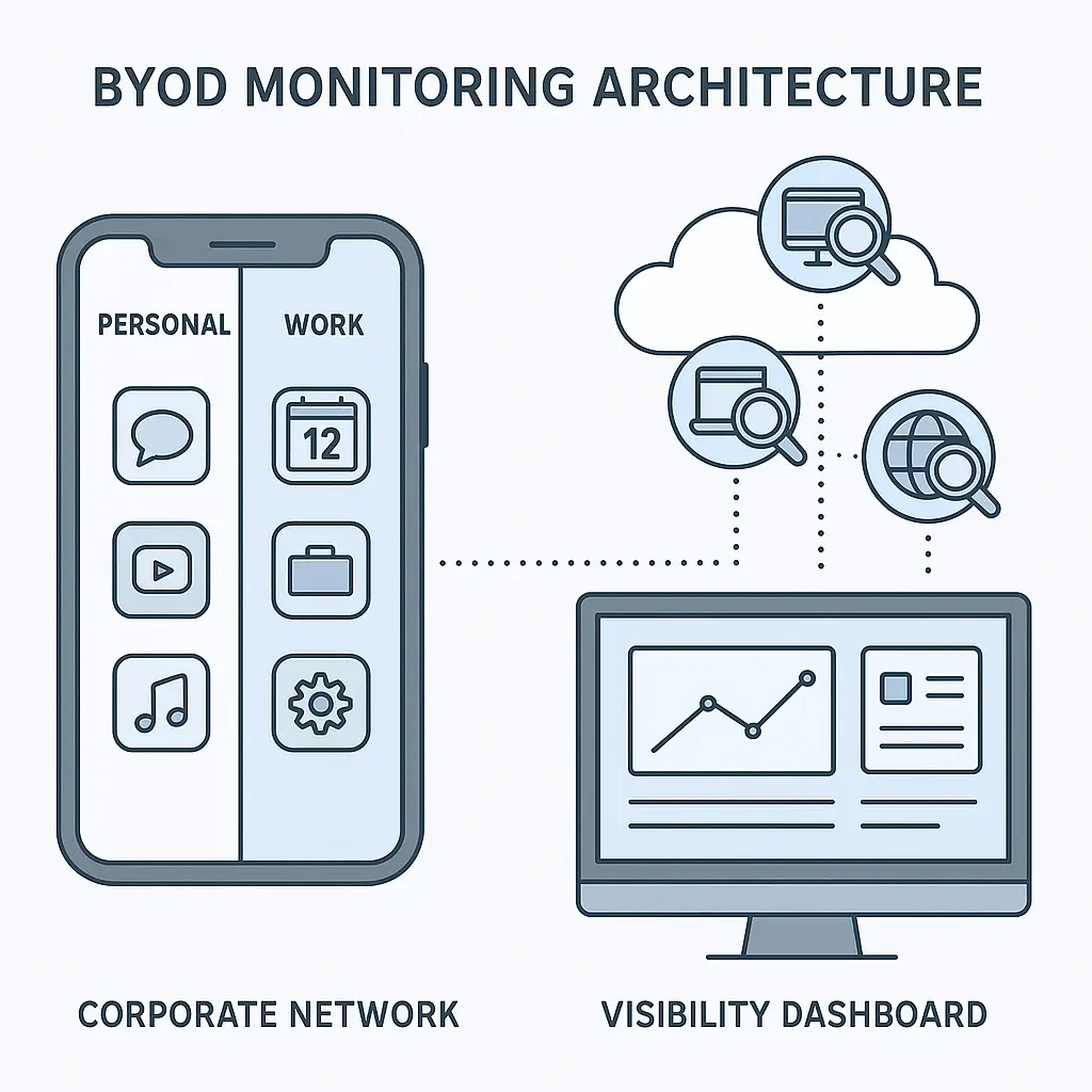 Split-screen illustration showing a personal smartphone on one side with casual apps and photos, and on the other side a corporate dashboard displaying monitored data points like location, app usage, and email access
