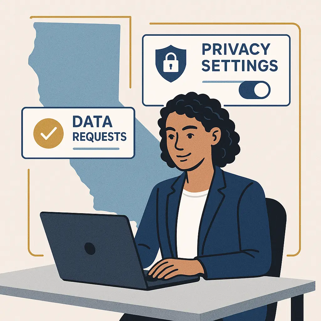 Person reviewing privacy settings on laptop with California state outline in background