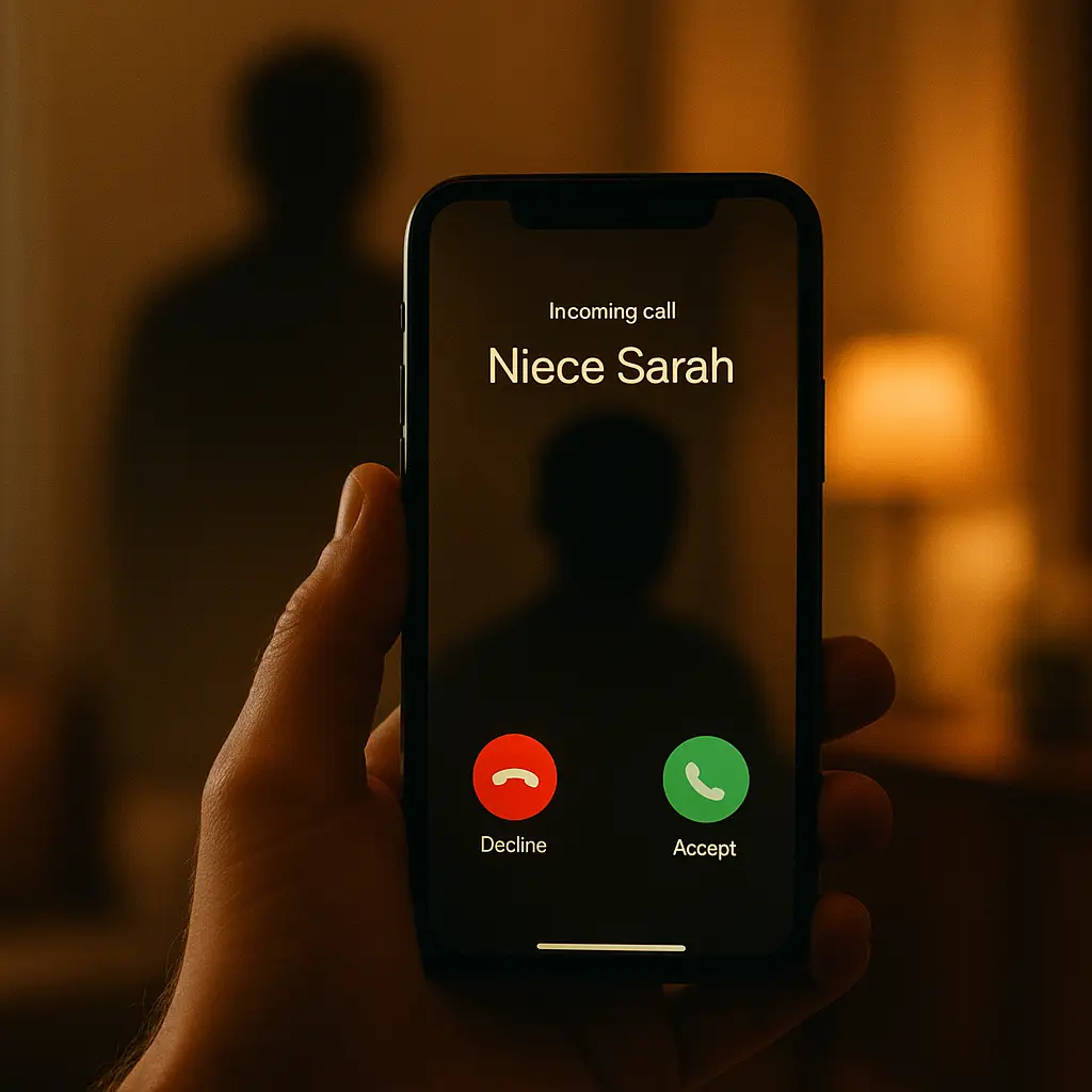 Phone screen showing incoming call from a family member's contact, with a shadowy figure in the background representing the AI-generated impersonation