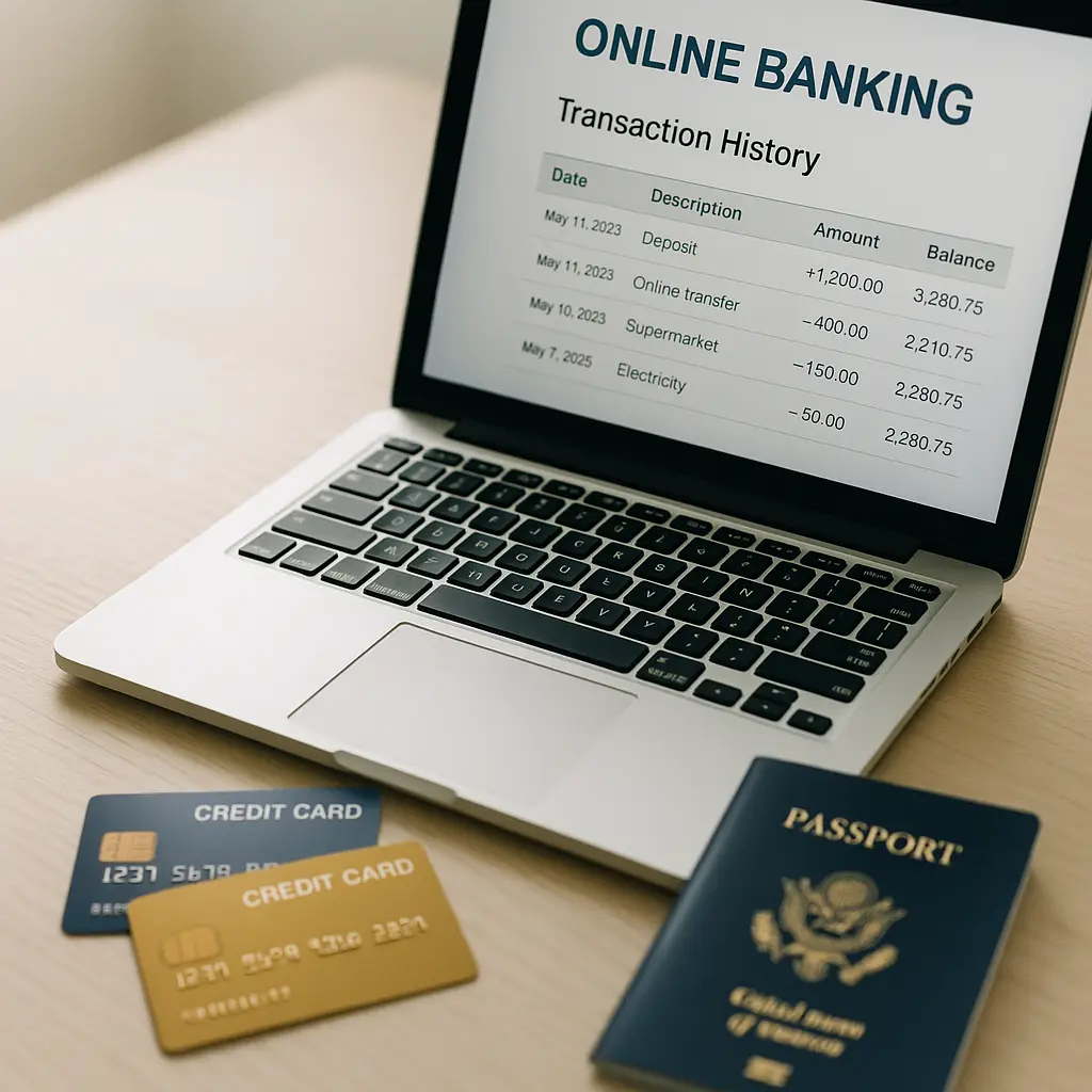 Credit cards and passport on a table with a laptop displaying transaction history