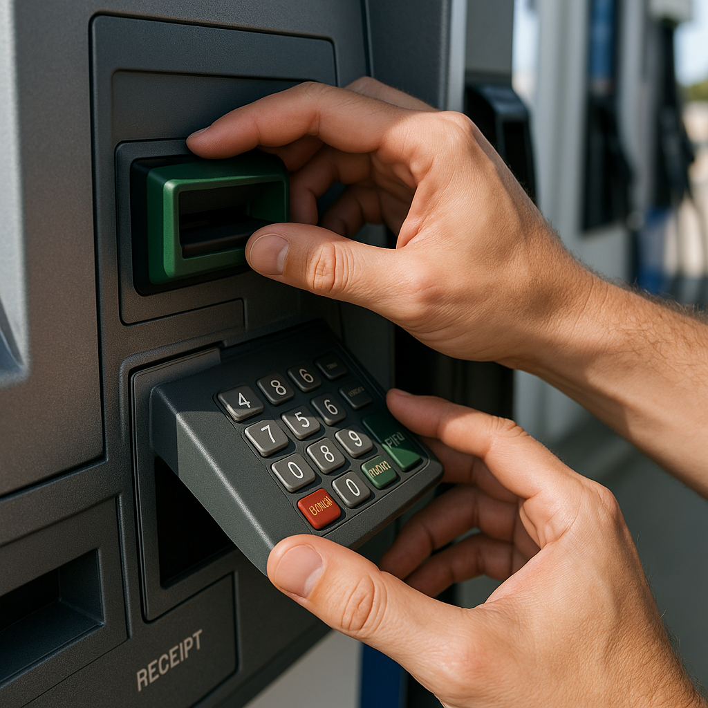 Close-up of hands inspecting a card reader at a gas pump, checking for loose components and unusual devices