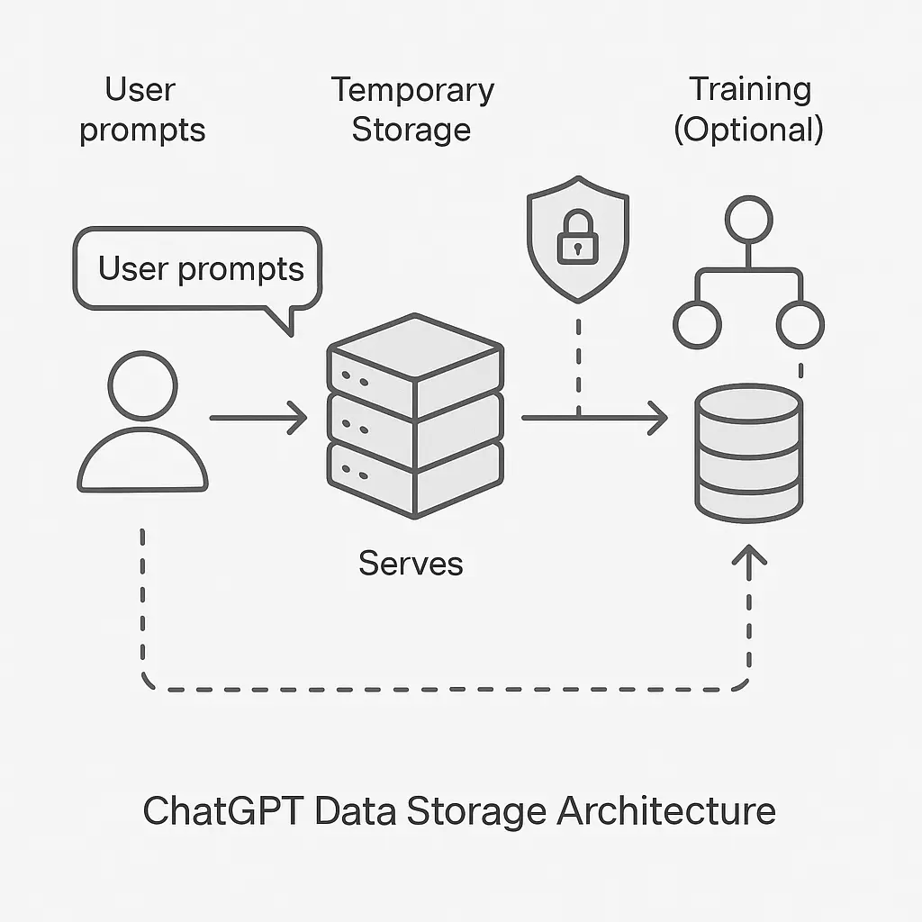 Diagram showing data flow from user prompt through ChatGPT servers to model training pipeline