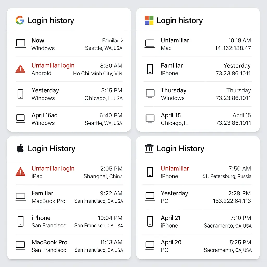 Split screen showing login history panels from multiple services with timestamps and device information highlighted