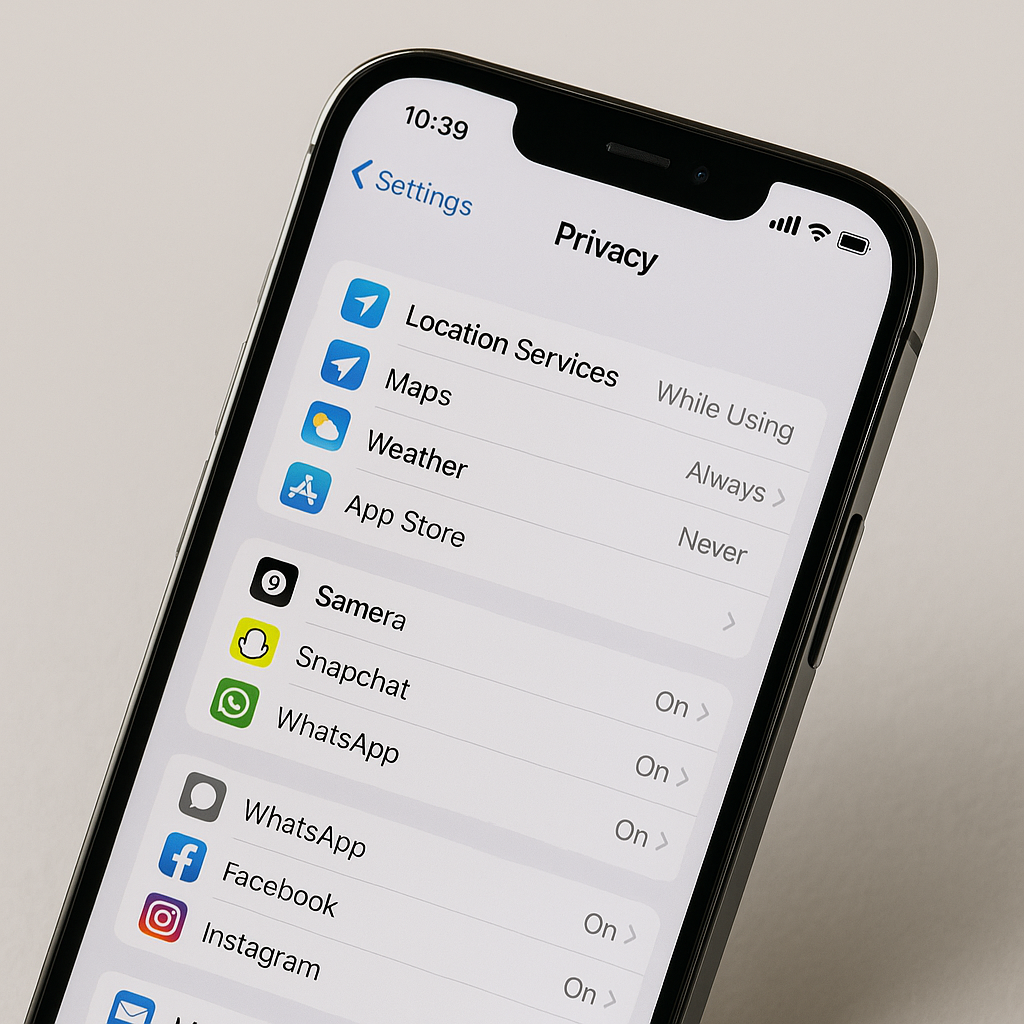 iPhone displaying privacy settings with multiple apps showing restricted permissions