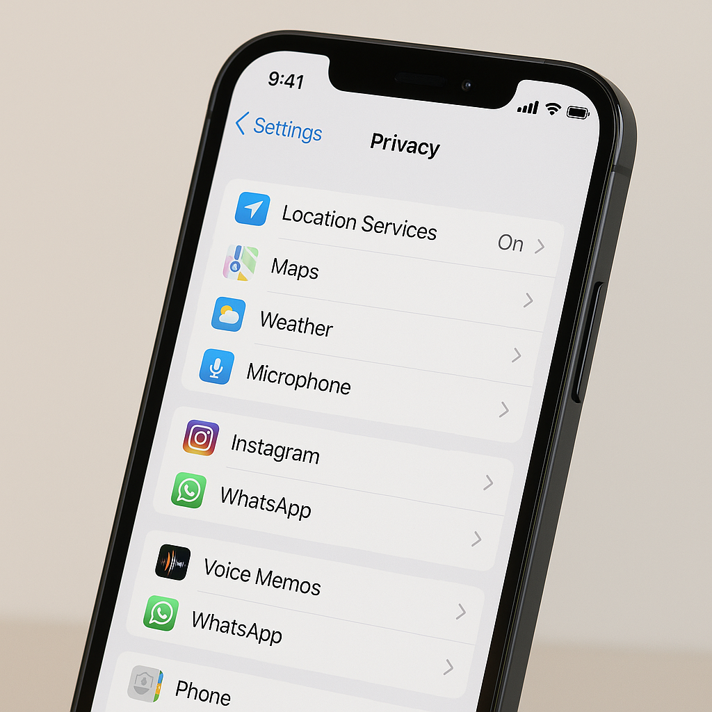 iPhone screen showing app permission settings with location, camera, and microphone toggles