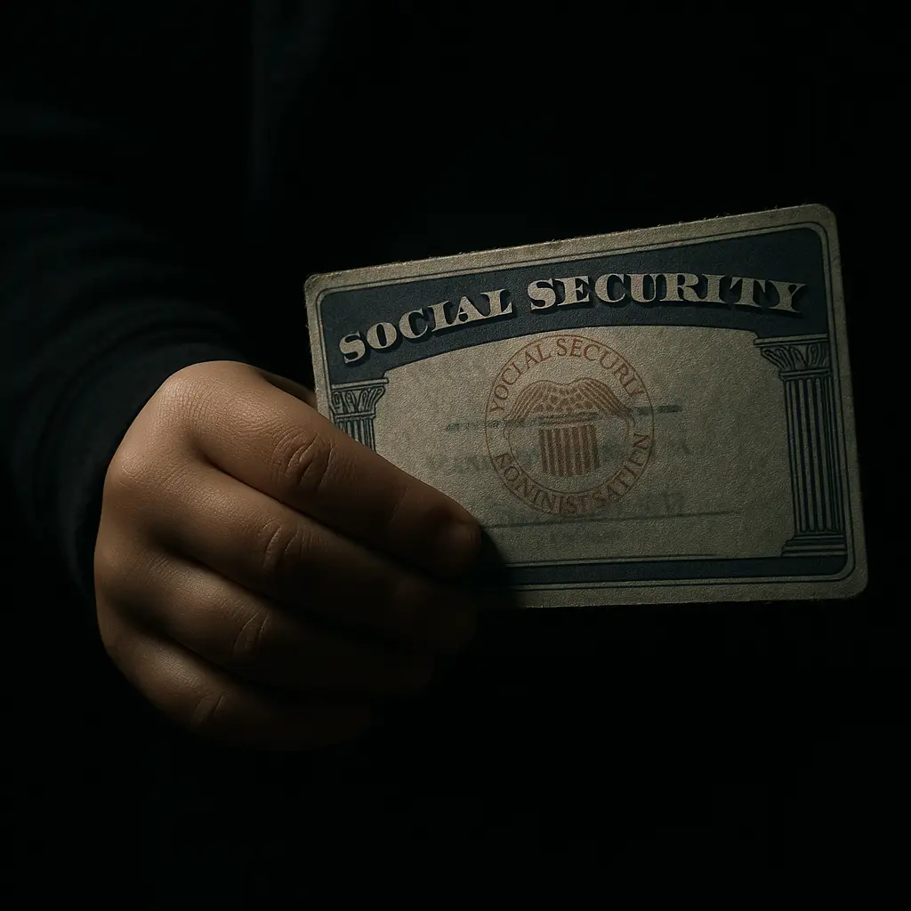 A child's hand holding a Social Security card, partially obscured by shadow, representing the hidden vulnerability of children's identities