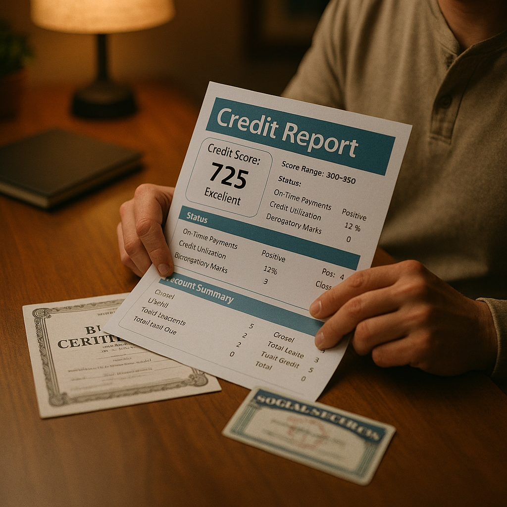 Sealed envelope marked 'Credit Bureau' next to a child's piggy bank and savings passbook