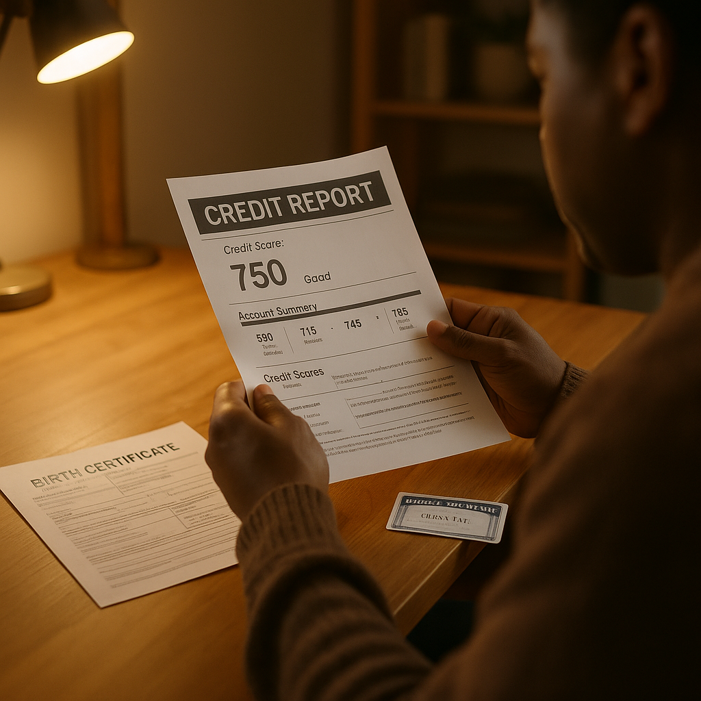 Parent reviewing credit report documents with a child's birth certificate and Social Security card visible on desk