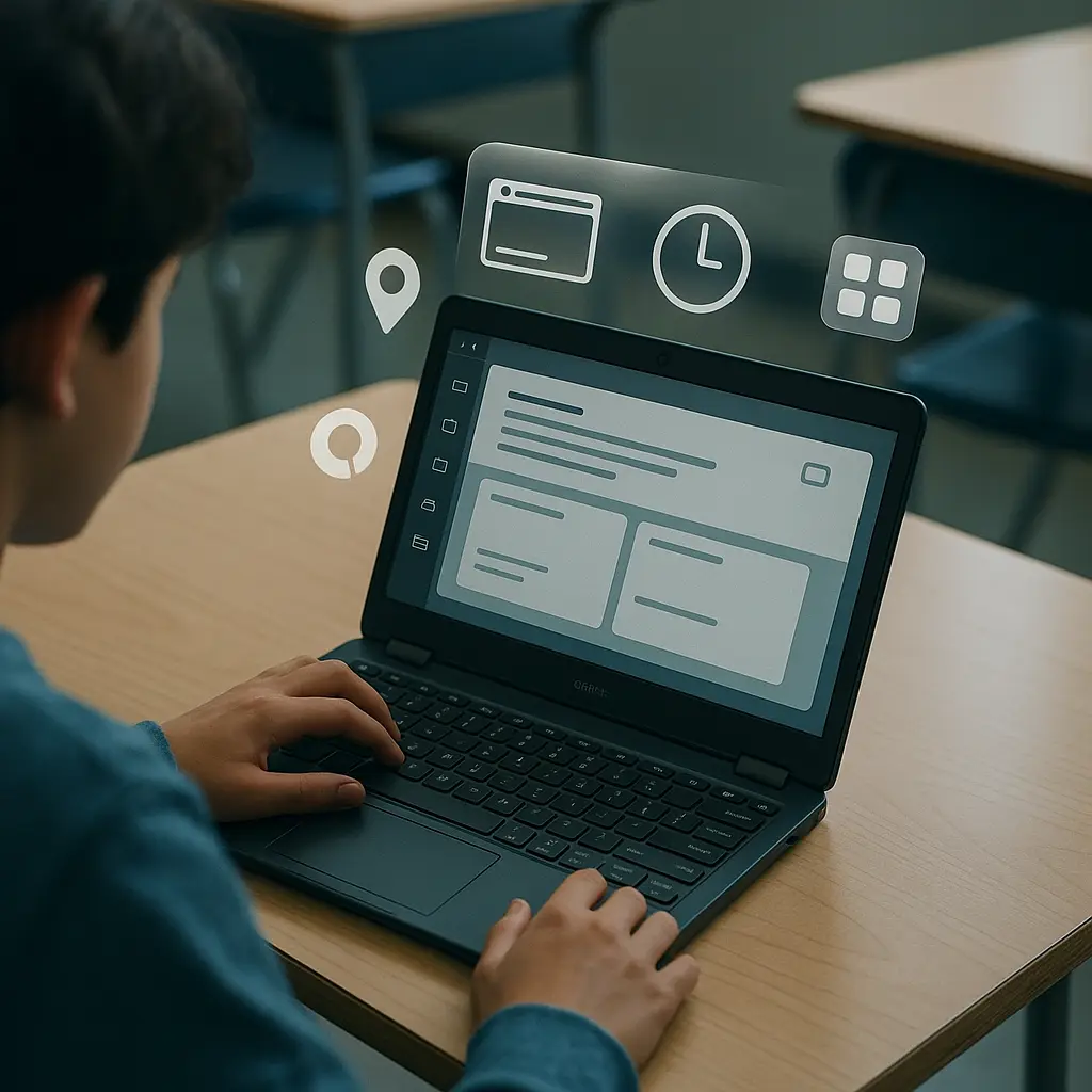 Parent and child reviewing Chromebook settings together on a laptop screen