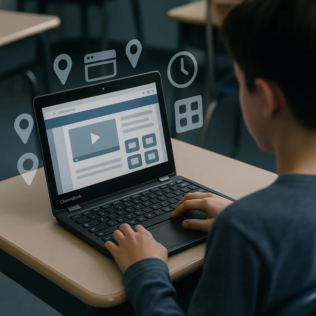 Student using a Chromebook at a school desk with overlaid icons representing location, browsing history, and screen time data