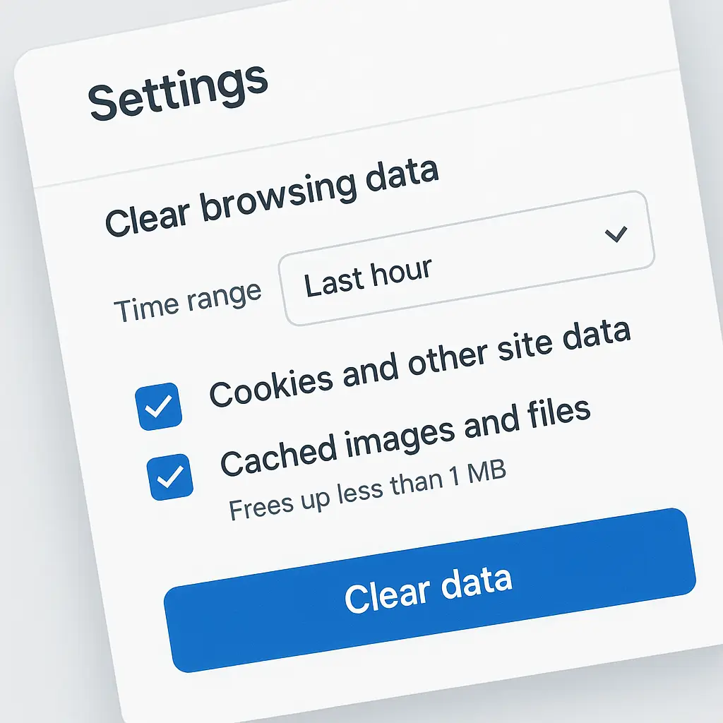 Clean browser interface with privacy settings confirmed, showing cleared data summary and fresh start indicators