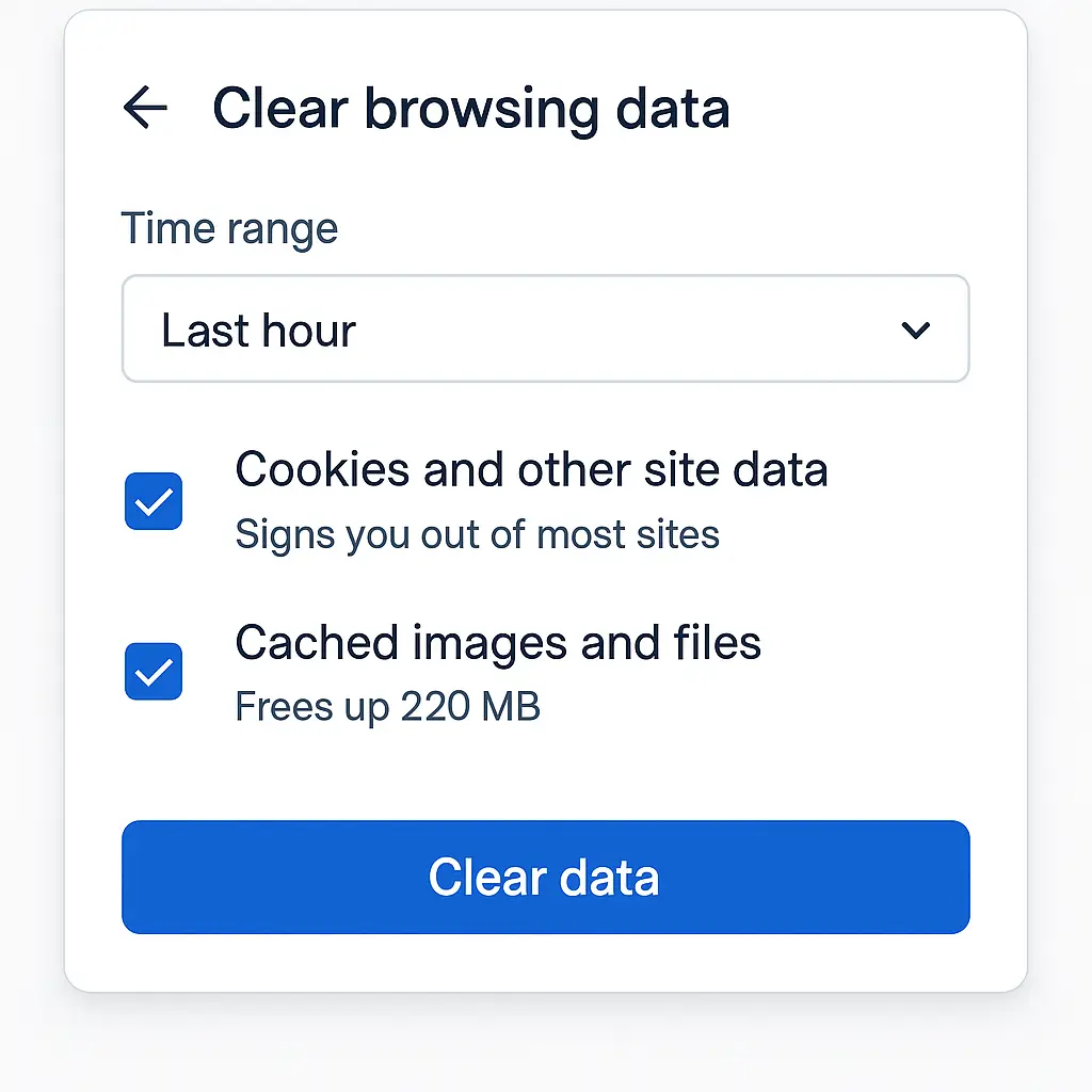 Browser settings screen showing options to clear browsing data, cookies, and cached files with checkboxes and time range selectors visible