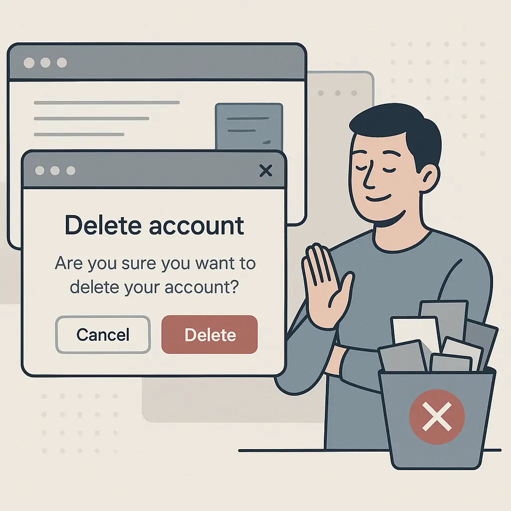 A clean desktop workspace with a single browser window showing a confirmation message that an account has been successfully deleted