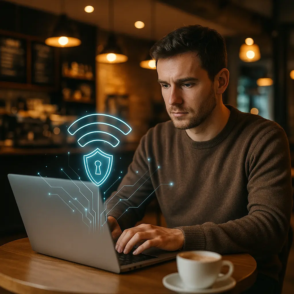 Secure padlock icon overlaid on coffee shop WiFi network symbol