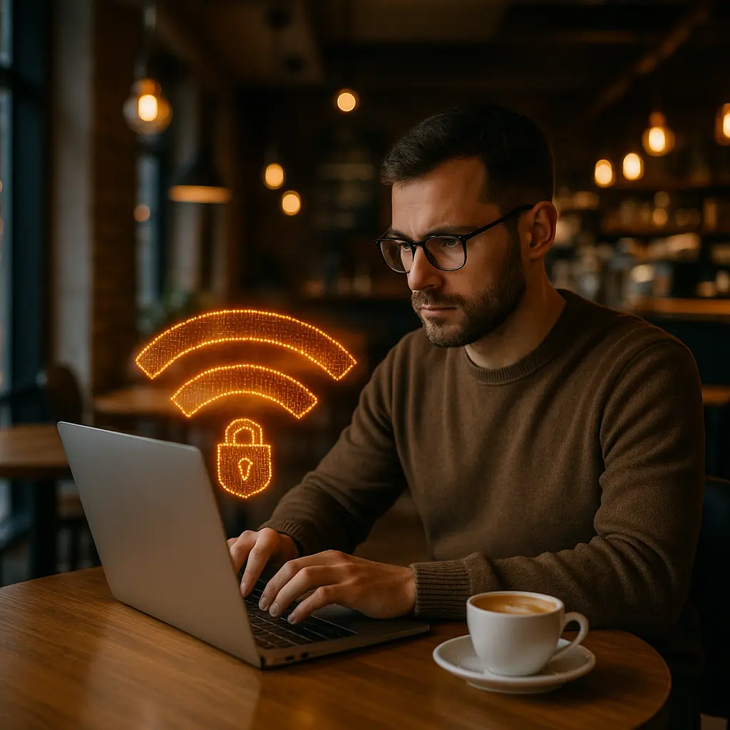 Person working on laptop at coffee shop table with WiFi symbol overlay